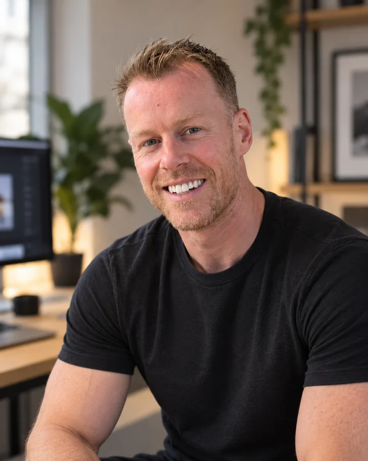 Matthew Luxford smiling at the camera in a black T-shirt, a desk and monitor behind him.