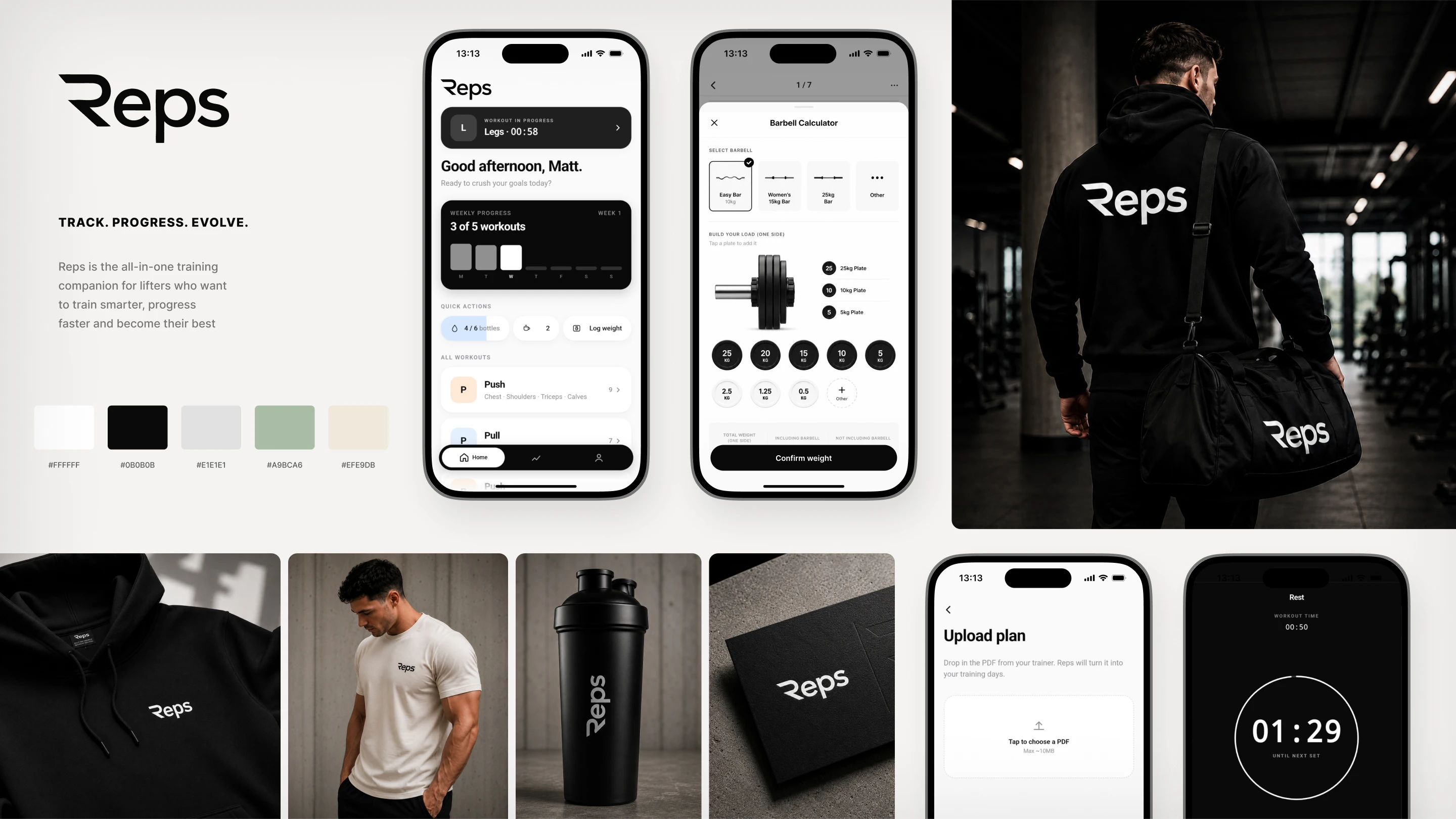 Reps app shown on iPhone — today's workout screen with exercises, sets and reps