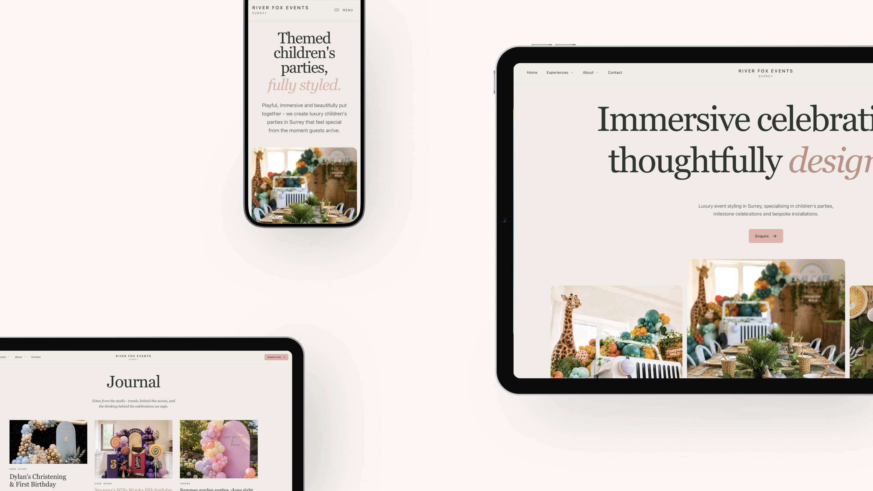 River Fox Events website shown across phone and tablet — homepage, themed children's parties page and the journal